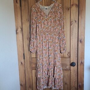 Universal Thread Floral Long Sleeve Dress - Brown, White, Pink, Navy. Size M